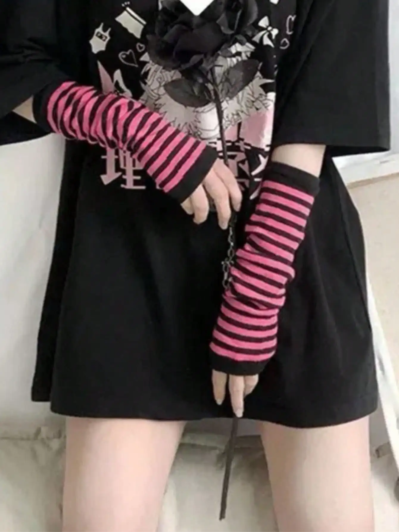 1 Pair Y2K Punk Striped Knitte - Fingerless Glove Knit 评论和价格